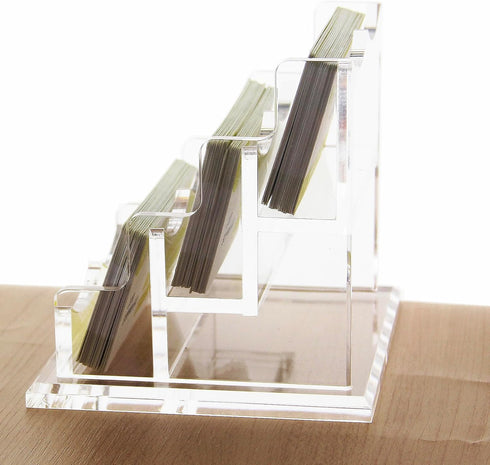 PARTSPOWER Acrylic Business Card Holder - Horizontal Clear Display Stand, Desk Accessory Organizer (3-Slot)