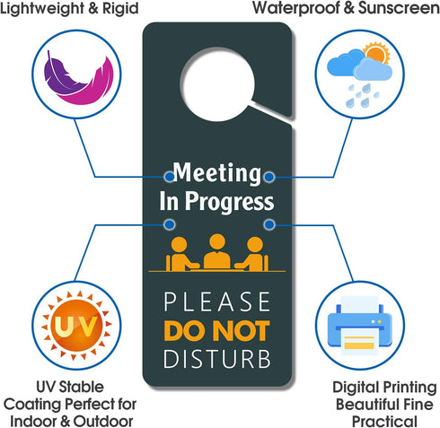 Do Not Disturb Door Hanger Sign, Meeting in Progress, 4 Pack Double Sided 3.5 x 8.7 Inches PVC Plastic for Office,