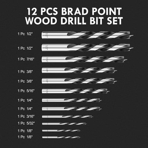 Brad Point Wood Drill Bit Set, 12Pcs with Double Flutes Design for Carpenter Woodworking and All Types of Wood (1/8" -