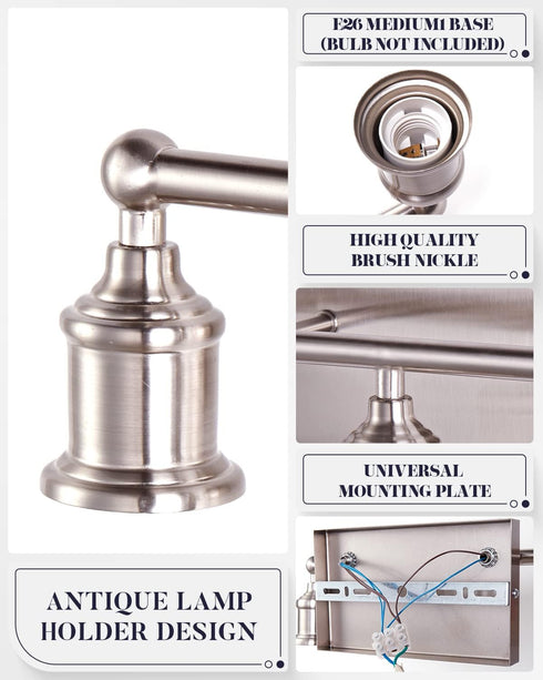 3-Light E26 Hallway(Bulb Vanity Light Fixture, Modern Brushed Nickel Wall Sconce Light Fixture, Industrial Bathroom