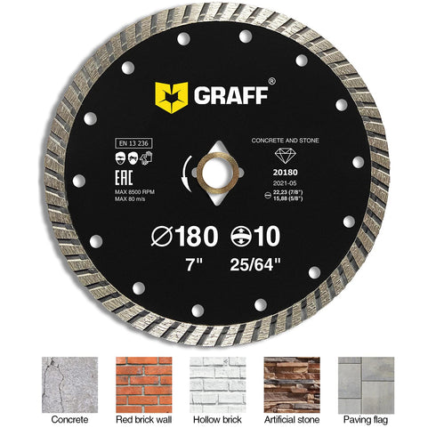 GRAFF 7 Inch Diamond Blade for Angle Grinder, Cutting Wheel for Stone, Marble, Granite, Brick, Concrete - Turbo Diamond
