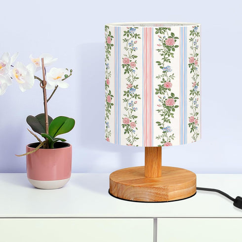 VIHOSE Pink Floral Kids Table Lamp for Bedroom Kids Bedside Lamp with Linen Wooden Nightstand Cartoon Nursery Lampshade