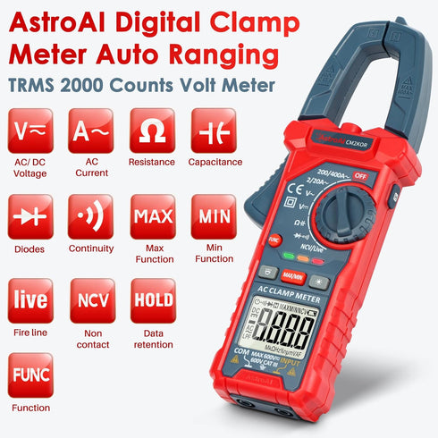 AstroAI Digital Clamp Meter Multimeter 2000 Counts Amp Voltage Tester Auto-ranging with AC/DC Voltage, AC Current, Resistance, Capacitance, Continuity, Live Wire Test, Non-Contact Voltage Detection by AstroAI
