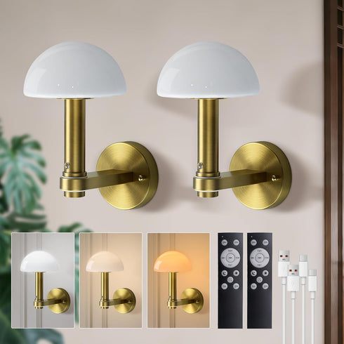 Set 2, 5000mAh 2 Dimmable Bulbs 3 Battery Operated Wall Sconce of Rechargeable Wireless Wall Lights with and Remote