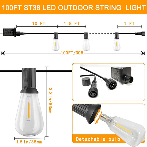 100 52 Bulbs(2 Outdoor LED String Lights with Feet Edison Plastic Spare), Waterproof Hanging Lights for Patio Backyard