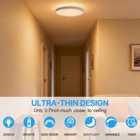 Dimmable 24W 2400LM, 12Inch, 2000K 3000K-6500K, 1 Pack LED Flush Mount Ceiling Light Fixture with Remote Control, Warm