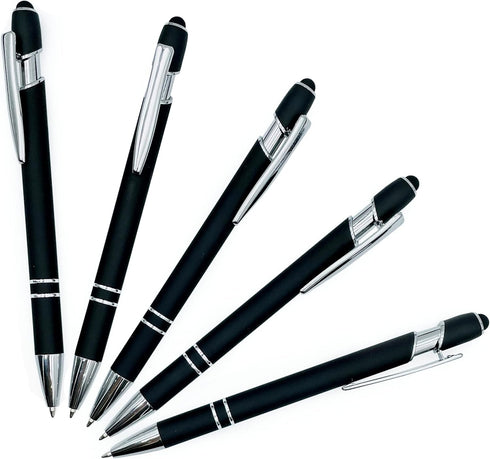 Lenden Pack of 5 Rubberized Comfort Soft Touch 2 in 1 Ballpoint Pen, Capacitive Stylus Tip, Premium Metal Medium Point,
