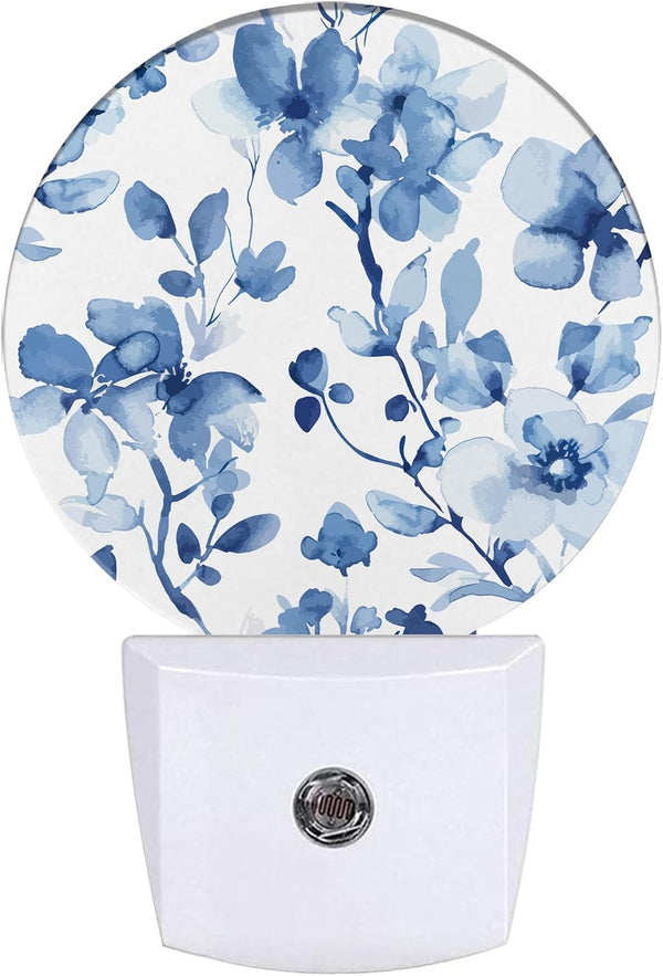 Vintage Blue Floral Night Light,Abstract Botanical Floral Plug-in Night Lights with Dusk-to-Dawn