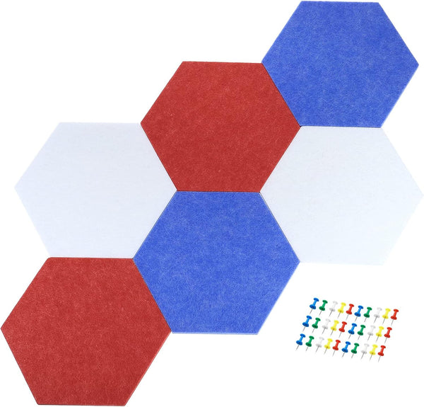 PATIKIL 6 Pack Hexagon Felt Board Tiles, Self Adhesive Wall Bulletin Pin Board with Push Pins for Home Office Classroom