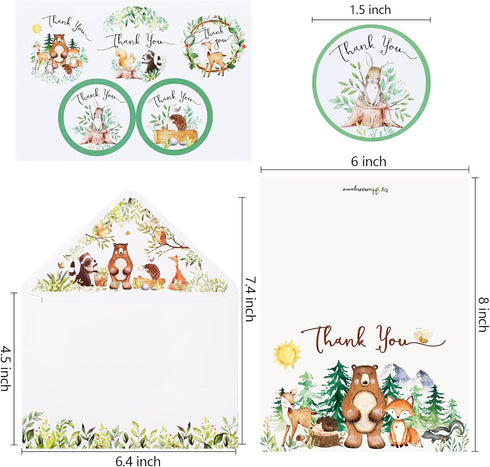 Hunanyume 50 Pack 4x6 Inch Woodland Thank You Cards with Envelopes & Stickers - Cute Forest Animals Assorted Bulk