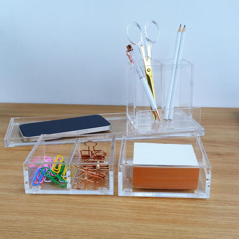Clear Acrylic Desk Organizer 4-Piece Kit with Free Acrylic Ruler, Desktop Organization for Office or Home