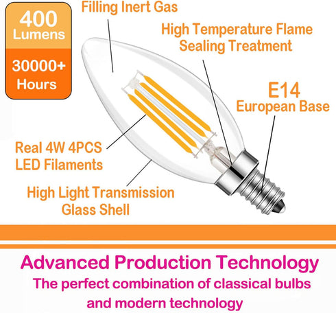 E14 Base LED Filament Candle Shape Light Bulb, 40W Equivalent, Warm White 2700K, 4-Pack