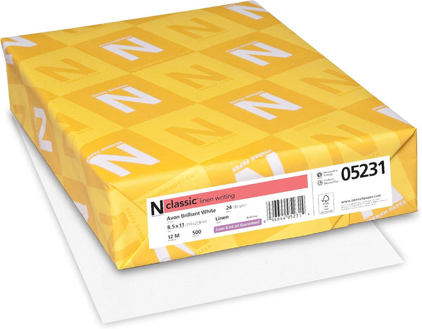Neenah Classic Crest Paper, 8.5" x 11", 24 lb, Linen Finish, Avon Brilliant White, 500 Sheets