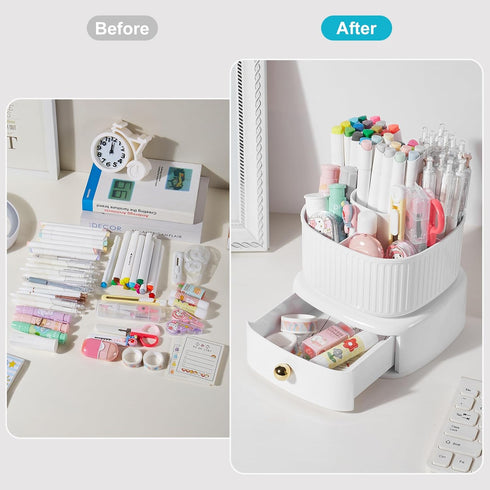 Pencil Pen Holder with Drawer, 5 Slots 360 Degree Rotating Organizer for Desk, School Supplies