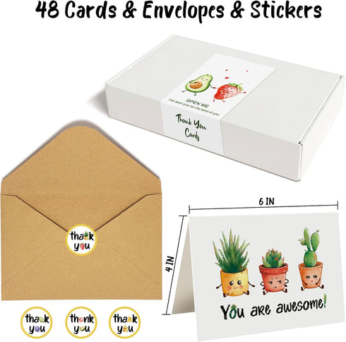 Obbyidk 48 Set 4 6 Funny Pun Thank You Cards with Envelopes And Stickers, Bulk Boxed Thank You Cards, x in,Thank You