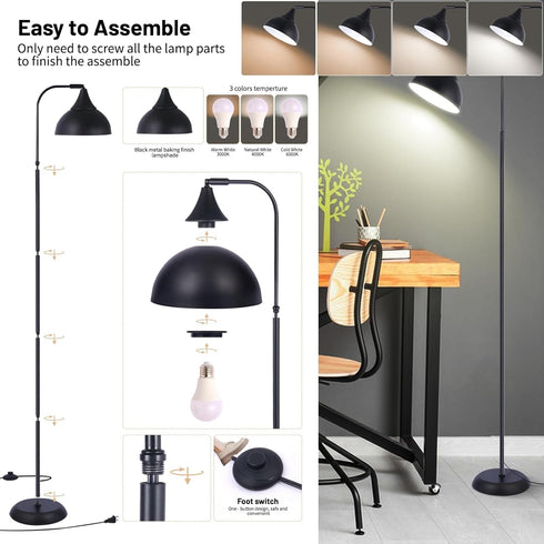 Industrial LED Floor Lamp,Black Metal Adjustable Standing Lamp for Living Room, Bedroom, Office,Rotating Head Tall