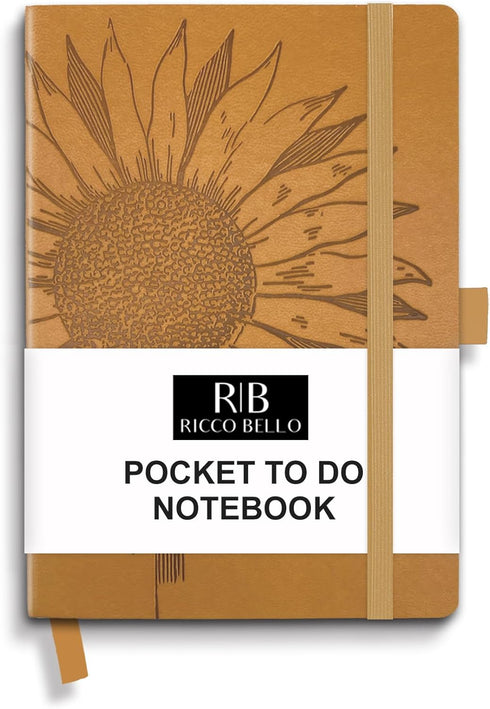 RICCO BELLO Hardcover Pocket to Do List, Undated Faux Leather Notebook with Pen Holder (4.25 x 6 inches, Sunflower)