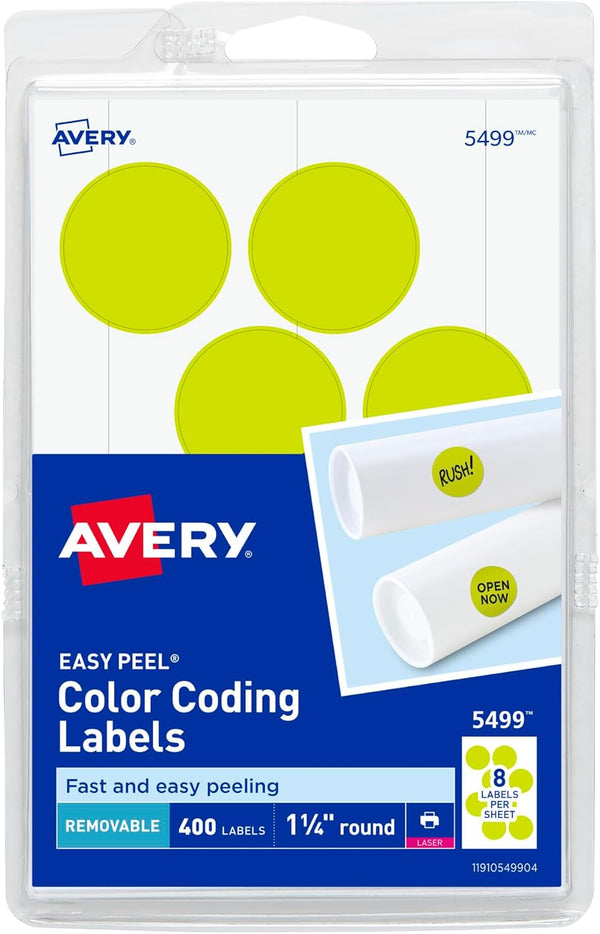 Avery Self-Adhesive Removable Labels, 1.25 Inches Diameter, Yellow Neon, 400 per Pack