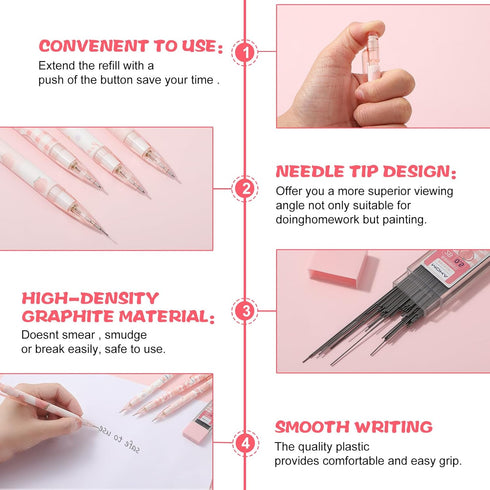 Pink Peach Mechanical Pencil Set, 4pcs Cute Mechanical Pencils with 0.5MM Refills & Top Erasers for School Supplies