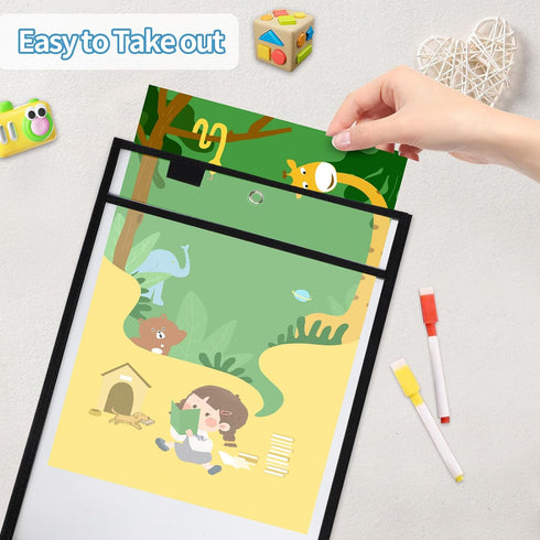 6 (10" 13"), Ufamrine Pcs Dry Erase Pockets Sleeves Black, Job Ticket Holders * Reusable Plastic Sleeves for Teacher