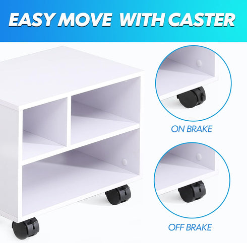 FITUEYES Under Desk Printer Stand - Mobile Small Printer Table with 3 Storage Organizer Compartments, White