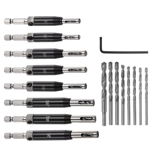 16pcs Self Centering Drill Bit Set, 5/64" - 1/4" High Speed Steel Hex Shank Woodworking Bits