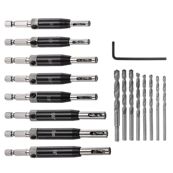 16pcs Self Centering Drill Bit Set, 5/64" - 1/4" High Speed Steel Hex Shank Woodworking Bits