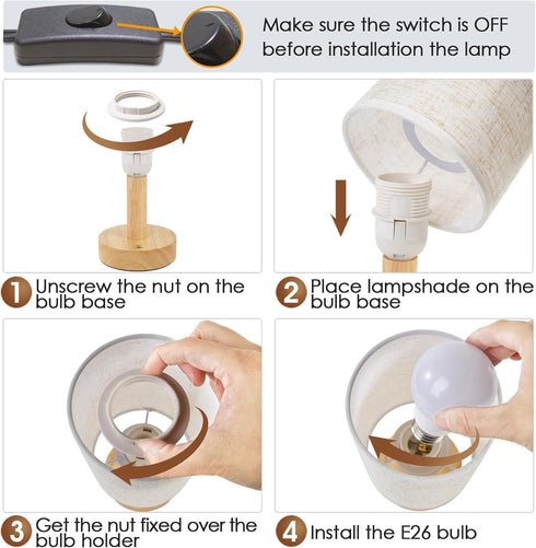 Set 2,Natural Shade,Cozy Small Bedside Table Lamps for Bedroom of Round Wood Base&Fabric Linen Night Light for Study