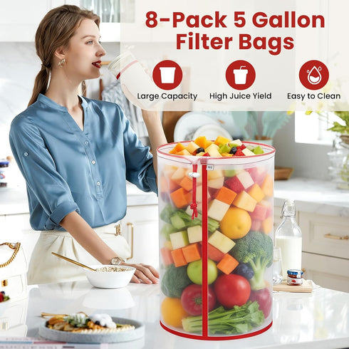 8 Pack 5 Enhanced Filter Bags Gallon All Mesh Reusable Nylon Mesh Bags with Pressing Screen Storage Pouch