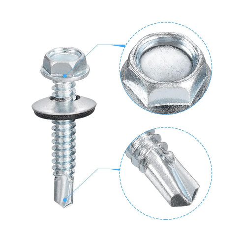 uxcell #14 x 1-1/2" Self Drilling Screws, 100pcs Zinc Plated Steel Roofing Screws with Rubber Washer for Metal