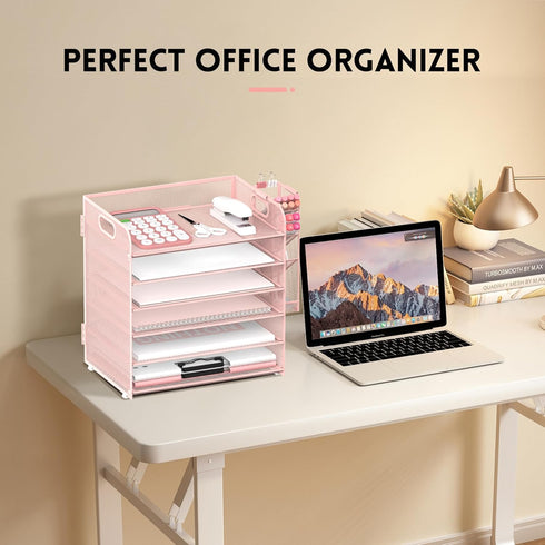 SUPEASY 6 Tier Paper Organizer - 4 Pen Holders, Mesh Desk Organizer Letter Tray with Handle for A4 File Folder
