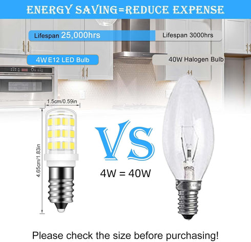 E12 LED Bulb, 40W Replacement Type B, 6000K Daylight White, 4W Fridge Water Dispenser Light Bulb, 2 Pack for Chandeliers