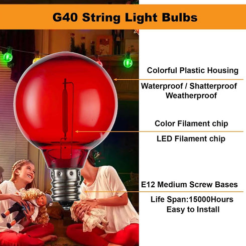 G40 Bulbs, E12 Bulbs, 0.6W 120V 2700K 25 Pack Multicolor LED Outdoor String Light Shatterproof Waterproof, Base