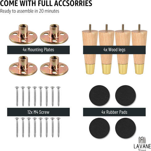 La Vane 4 inch Set 4 5/16 Inch Ash Wood Furniture Legs with Gold Caps, of Mid-Century Modern Tapered Varished Wooden