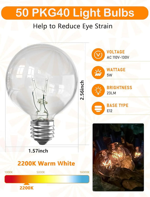 G40 Bulbs,Clear Bulb E12 C7 1.5 Inch 5 Bulbs White-50 Pack Abeja Replacement Light Globe fits Candelabra Screw Base