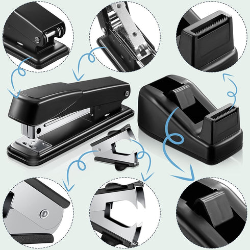 Black Desk Accessory Kit, Includes Desktop Stapler, Stapler Remover, Hole Punch, Tape Dispenser, Scissors (7 Pcs)