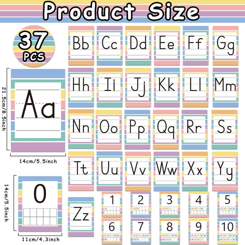 Qyeahkj 37 PCS Pastel Colors Stripes Classroom Alphabet Number Educational Poster Cards for Teacher School Home Wall