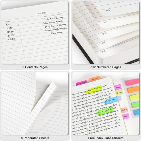Lined Journal Notebook, Large A5 College Ruled, 312 Numbered Pages Work Notebook with Index Stickers, Blue