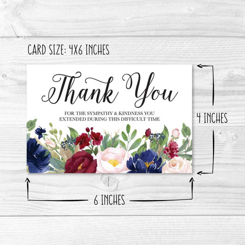 Hadley Designs 24 Sympathy Thank You Cards with Envelopes, Navy Burgundy Floral Bereavement Note, Personalized Memorial