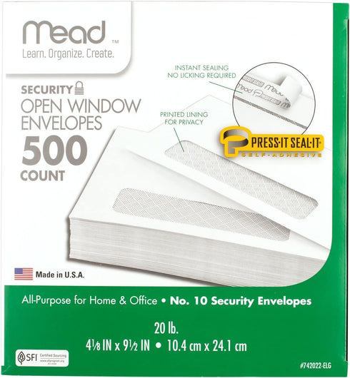 Mead Window Envelopes, Self Seal #10, 500 per Pack, Security Tinted White Envelopes with Window