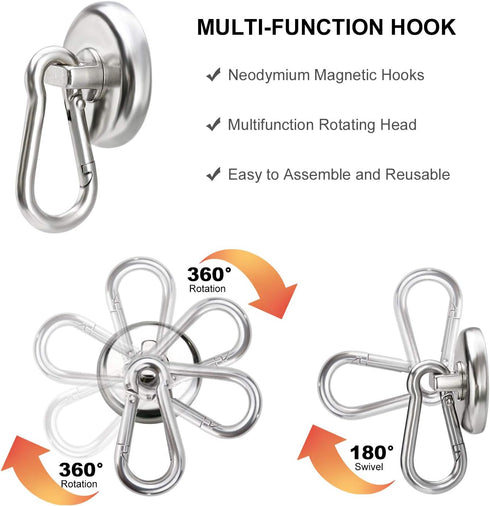 DIYMAG 100LBS Strong Magnetic Hooks, Heavy Duty Neodymium Magnet Hooks with Swivel Carabiner, Pack of 7