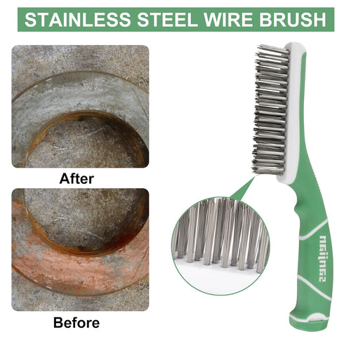 Heavy Duty 11 Inch Stainless Steel Wire Brush for Cleaning Rust, Rubber Covered Handle for Effective Scrubbing