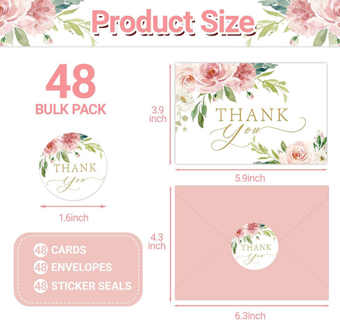 SMUAENSS 48 Pack Thank You Cards with Envelopes Pink and Stickers, Floral Thank You Cards for Mother's Day, Bridal