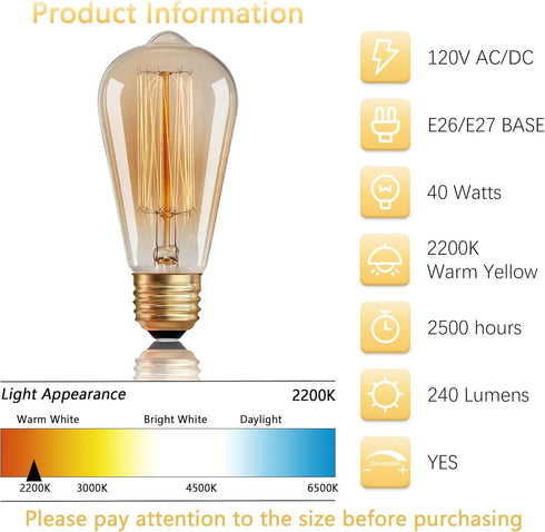 Sevici ST64 Bulbs 2 Pack,Amber Bulbs 110V 40W 240LM,E26 2200K Dimmable Bulb Edison Vintage Incandescent Light Base