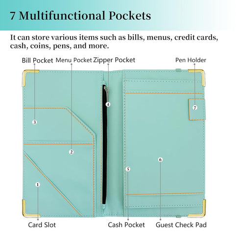 Server Book, Cutaswish Server Books for Waitress Cute, Waiter Receipt Book, PU Leather Waitress Book with Zipper