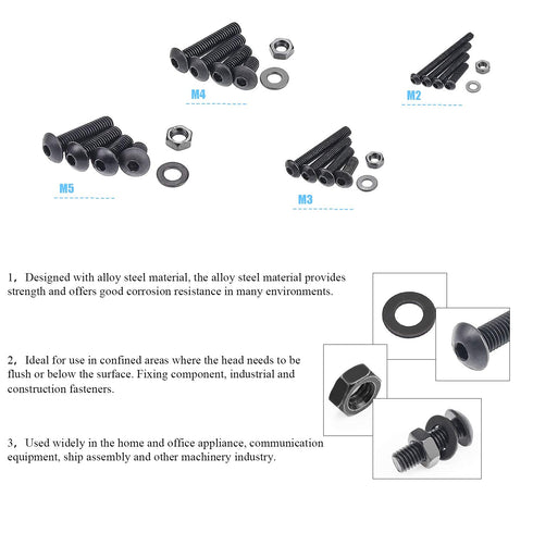 1220 Pieces M2 M3 M4 M5, 10.9 Grade Alloy Steel Hex Button Head Cap Bolts Screws Nuts Washers Assortment