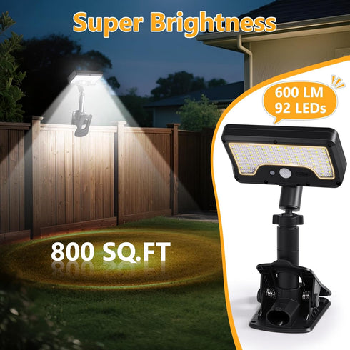 360Rotatable 92 (600 6000 IP65 Clip on Solar Lights Outdoor with Motion Sensor, & Vertically Adjustable Solar Fence