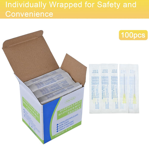 100Pack 20 1 Inch Gauge Needle, Disposable Luer Lock Individually Sealed Wrapped, Labs Tools Accessories
