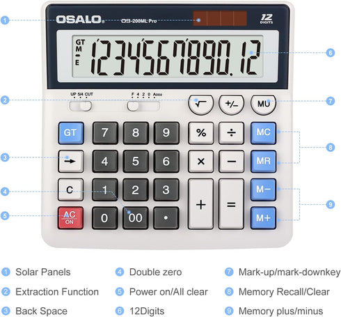 OSALO Desktop Calculator, Extra Large Display 12 Digits, Big Buttons Solar Accounting Calculator for Office