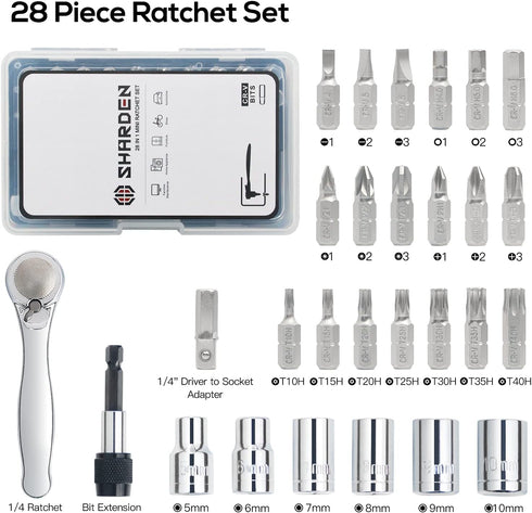 SHARDEN 28pcs Mini Ratchet Set, Right Angle Screwdriver and Bit with Metric Socket Set for Tight Spaces
